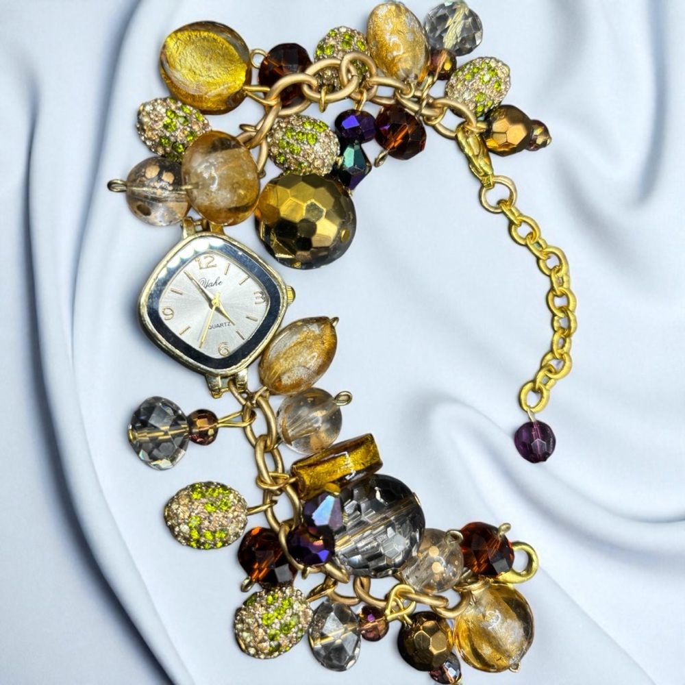 Watch Bracelet – Glass Beads, Gold Tone Charms, Upcycled Glam, Adjustable Fit